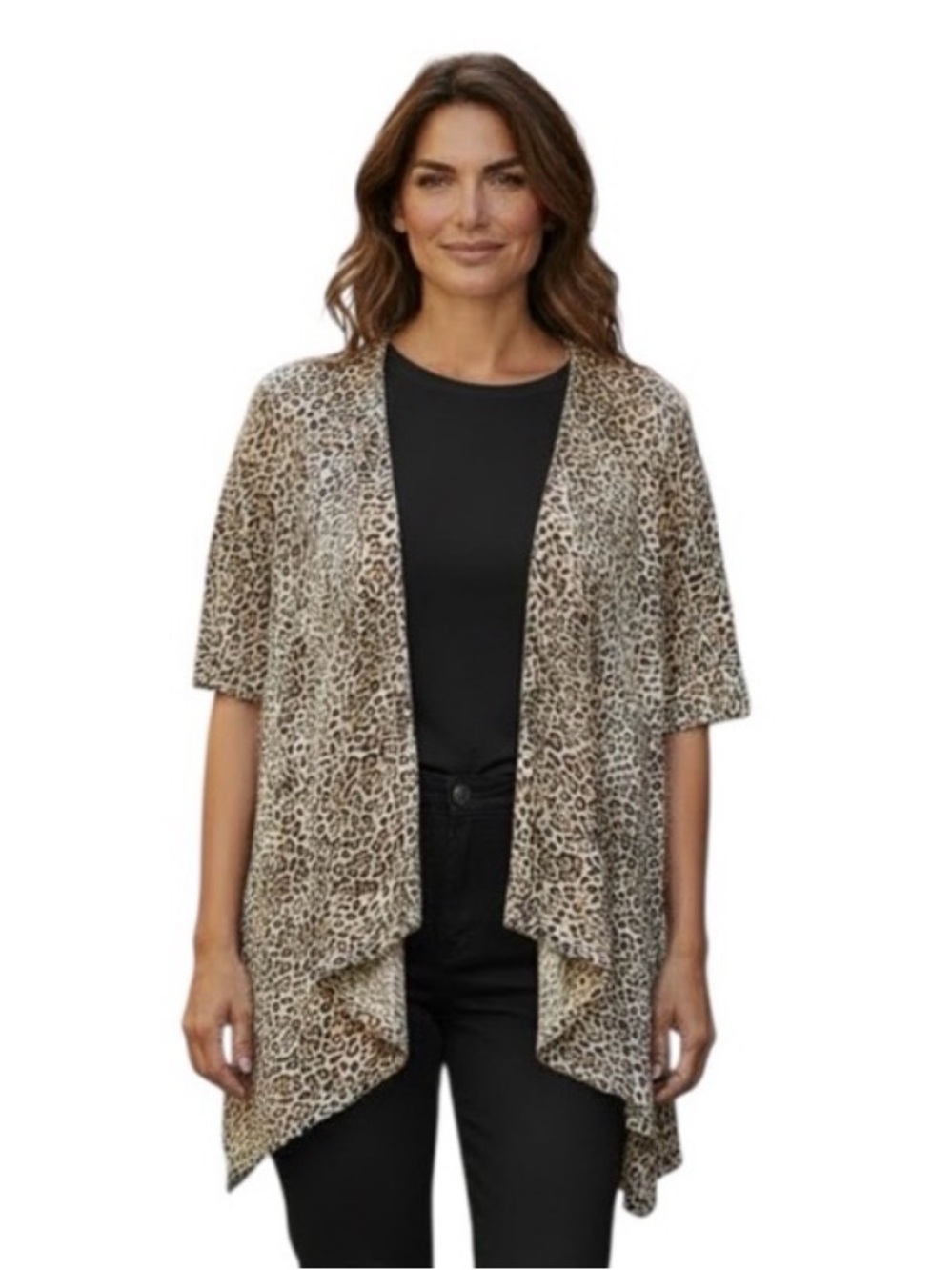 ADDITIONS by CHICO’S Women’s Animal Print Open Short Sleeve Cardigan size Small